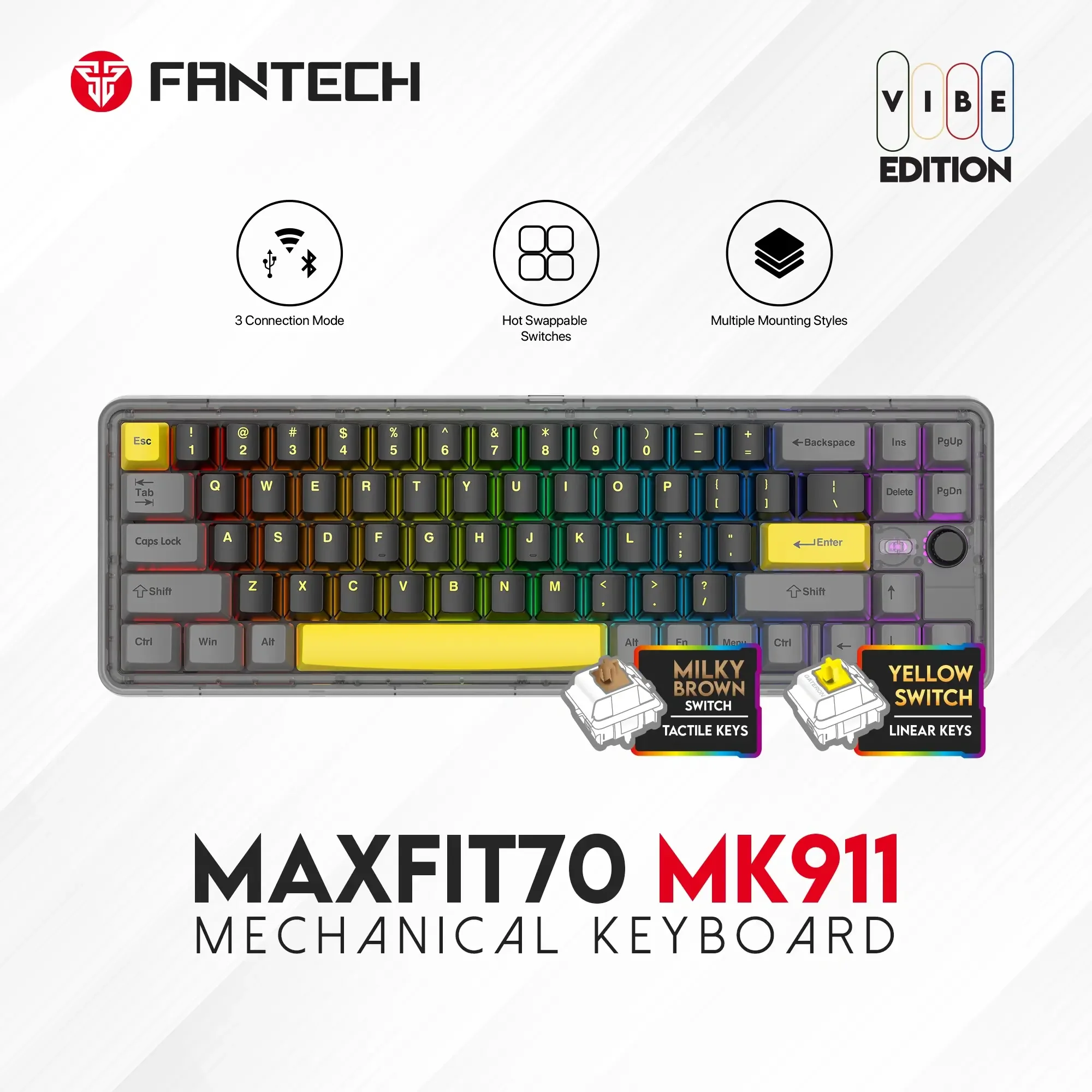 كيبورد ألعاب ميكانيكي ثلاثي الاتصال (بلوتوث + لاسلكي + سلكي) Fantech MK911 - Image 5