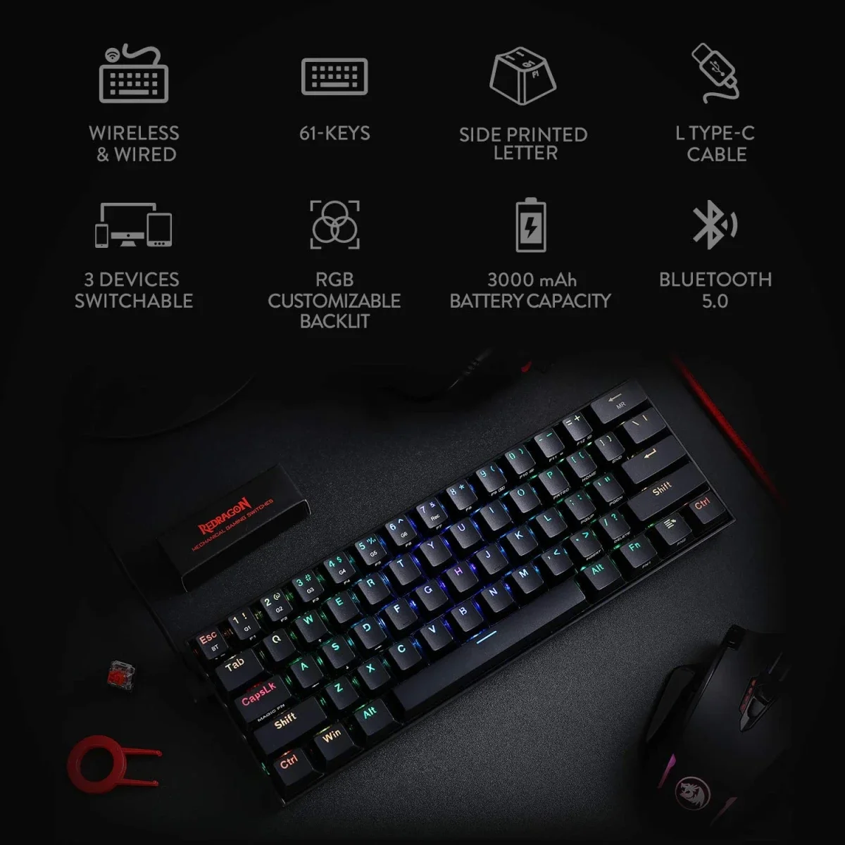 Redragon K530 Pro Draconic 60% Wireless RGB Mechanical Gaming Keyboard, 61 Keys, Brown Switches, Black - Thumbnail 3