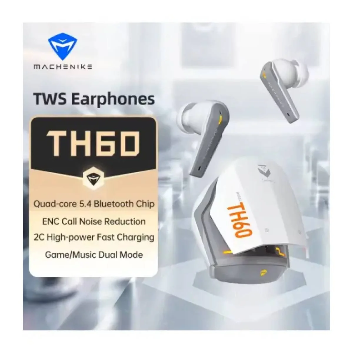 سماعات أذن لاسلكية MACHENIKE TH60 TWS بلوتوث 5.4 مع 4 ميكروفونات ENC أبيض