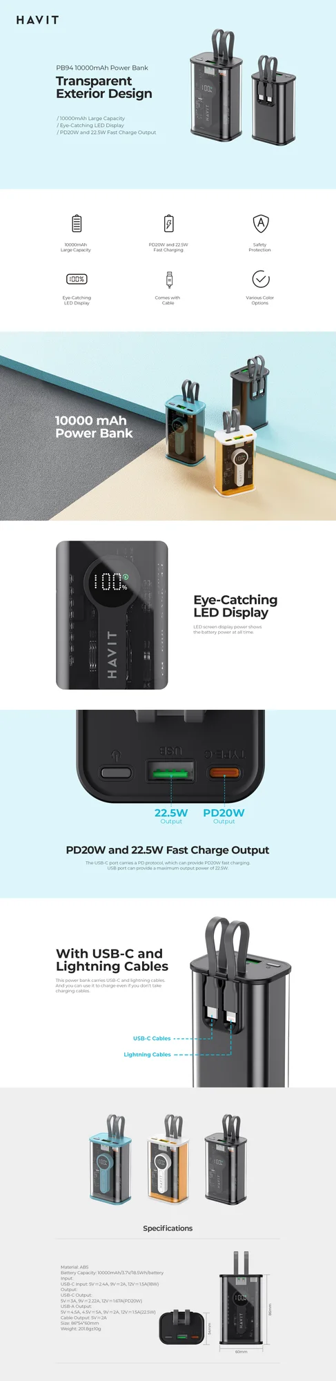 HAVIT PB94 10000mAh Power Bank with 20W USB-C PD and 22.5W Quick Charge - Black - Thumbnail 6
