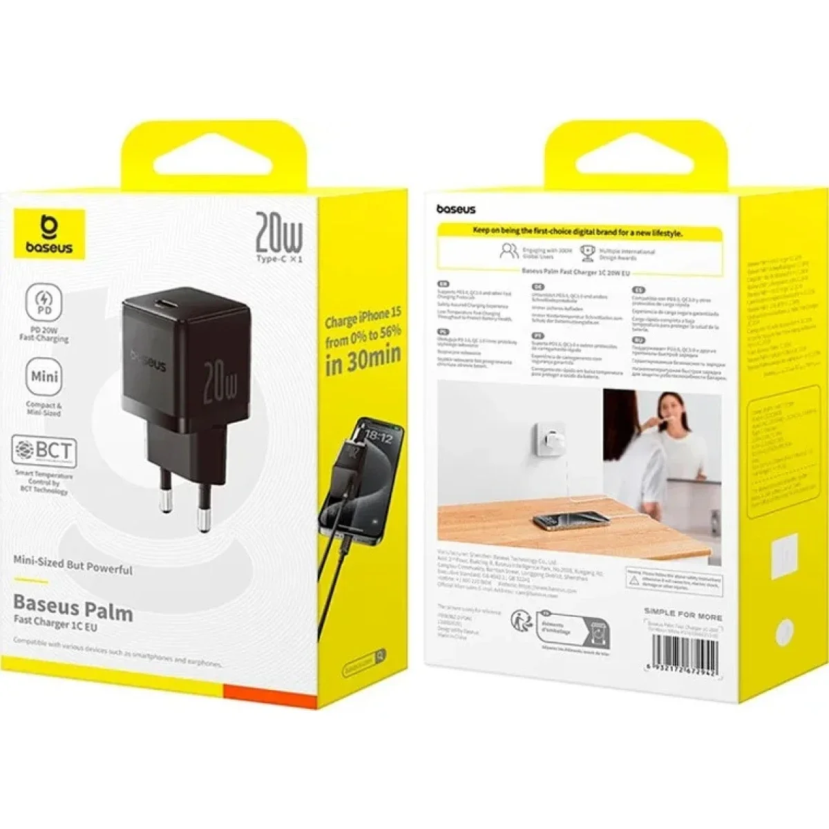 شاحن حائط سريع Baseus Palm بقدرة 20 واط USB-C وقابس أوروبي مع كابل USB-C بطول 1 متر - أسود كلستر - Thumbnail 4