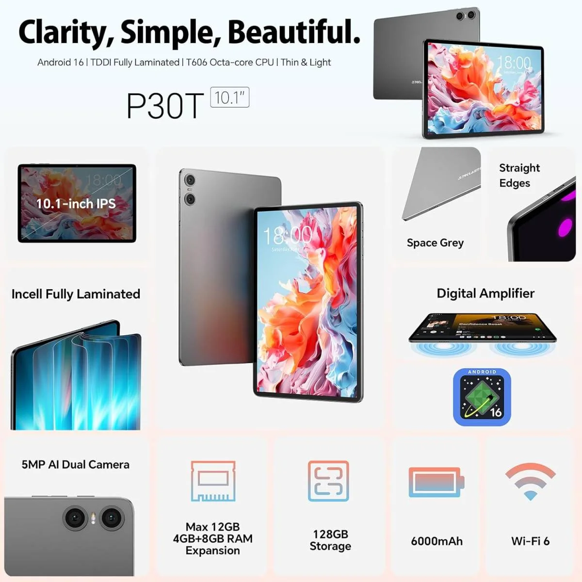 تابلت TECLAST P30T أندرويد 15 10.1 إنش، رام 12GB، سعة 128GB، معالج ثماني النواة 2GHz، بطارية 6000mAh، طقم 10 إكسسوارات
