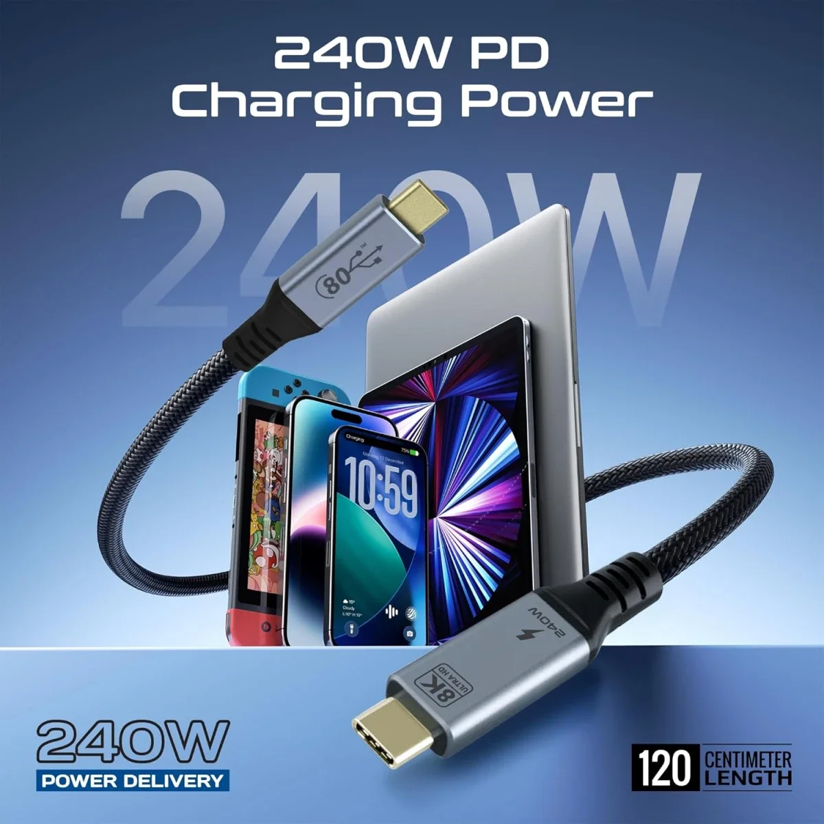Promate PowerBolt5-80G Thunderbolt 5 USB4 USB-C to USB-C Cable 80Gbps 240W 1.2M Black - Thumbnail 3