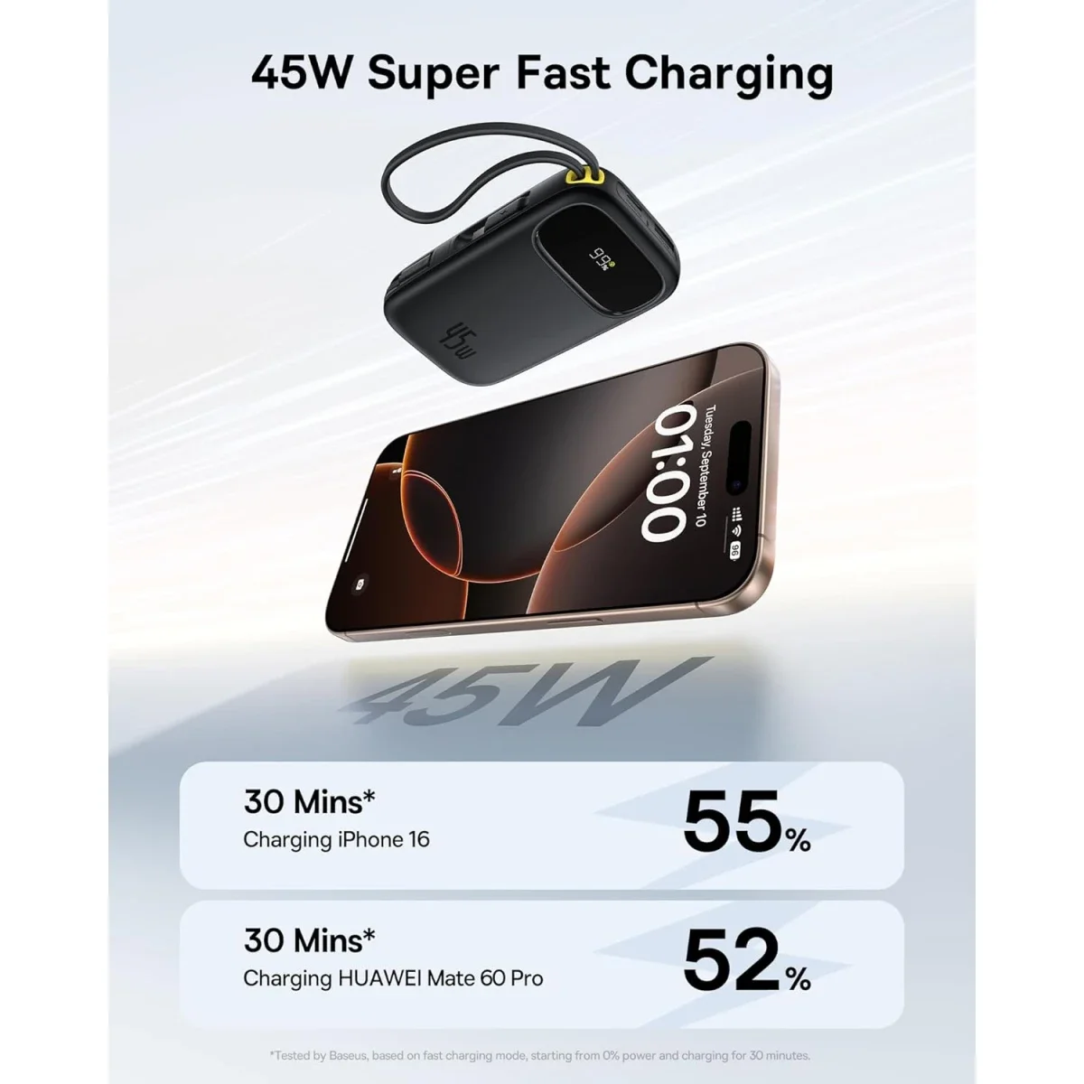 باور بانك Baseus Qpow3 بسعة 20000mAh وقدرة 45W مع كابل USB-C مدمج، أسود - Thumbnail 4