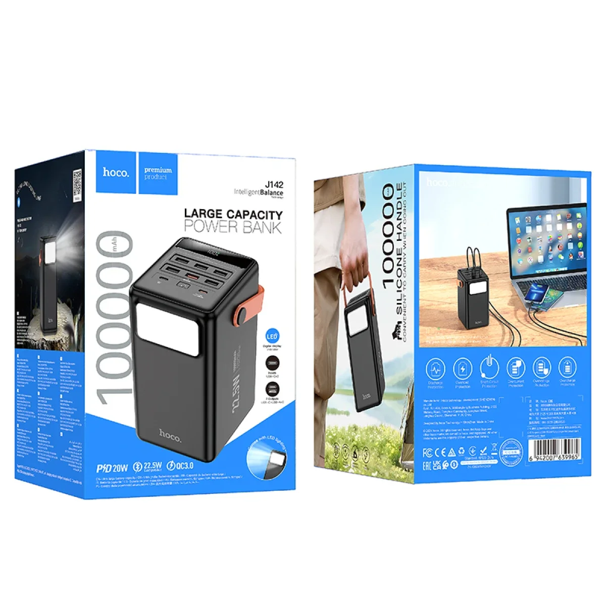 HOCO J142 Surpass 100000mAh Power Bank, 22.5W Fast Charging, 7 Output Ports, Black - Thumbnail 6