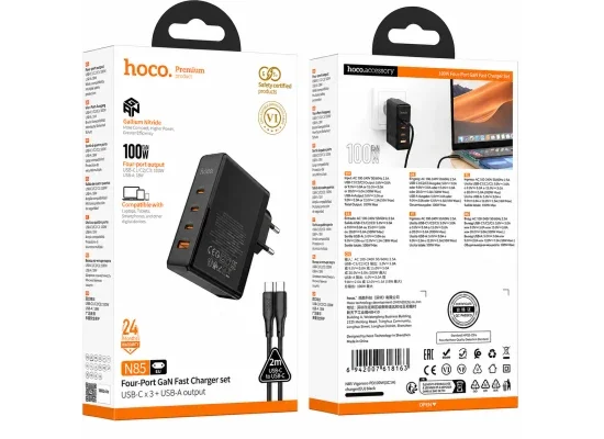 شاحن جداري HOCO N85 Vigoroso GaN سريع 100 واط بأربعة منافذ مع كابل USB-C بطول 2 م - أسود - Image 7
