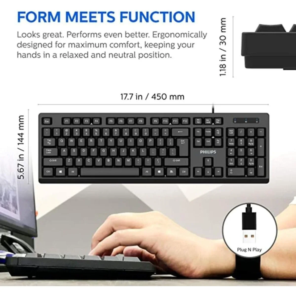 لوحة مفاتيح Philips K234 سلكية USB، 104 مفتاح مع لوحة أرقام، أسود - Image 5