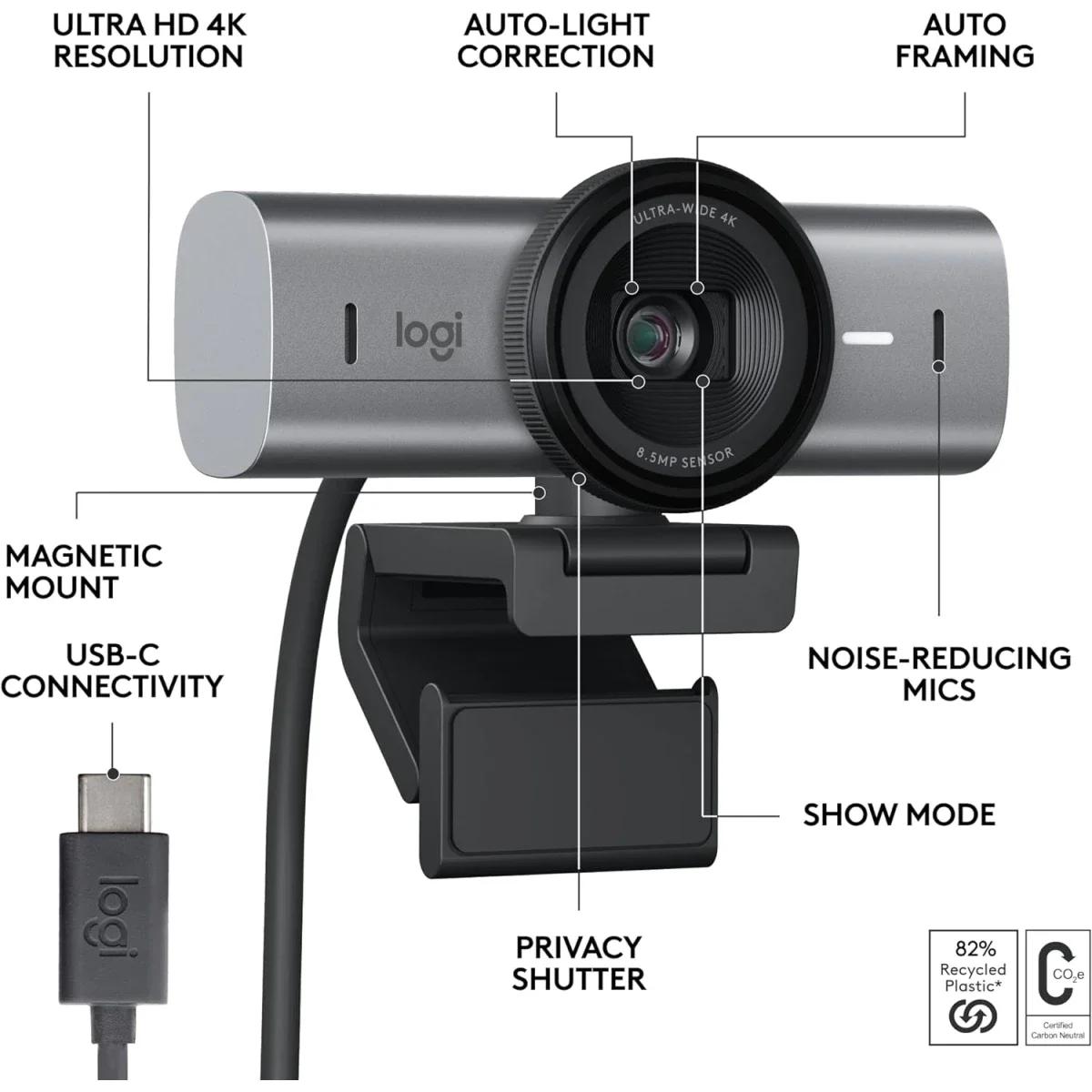 Logitech MX Brio Ultra HD 4K Streaming Webcam, 1080p 60 FPS, Graphite - Thumbnail 5