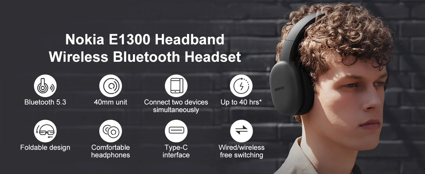 سماعات رأس لاسلكية فوق الأذن Nokia E1300 بتقنية Bluetooth، تشغيل 40 ساعة، أسود - Thumbnail 9