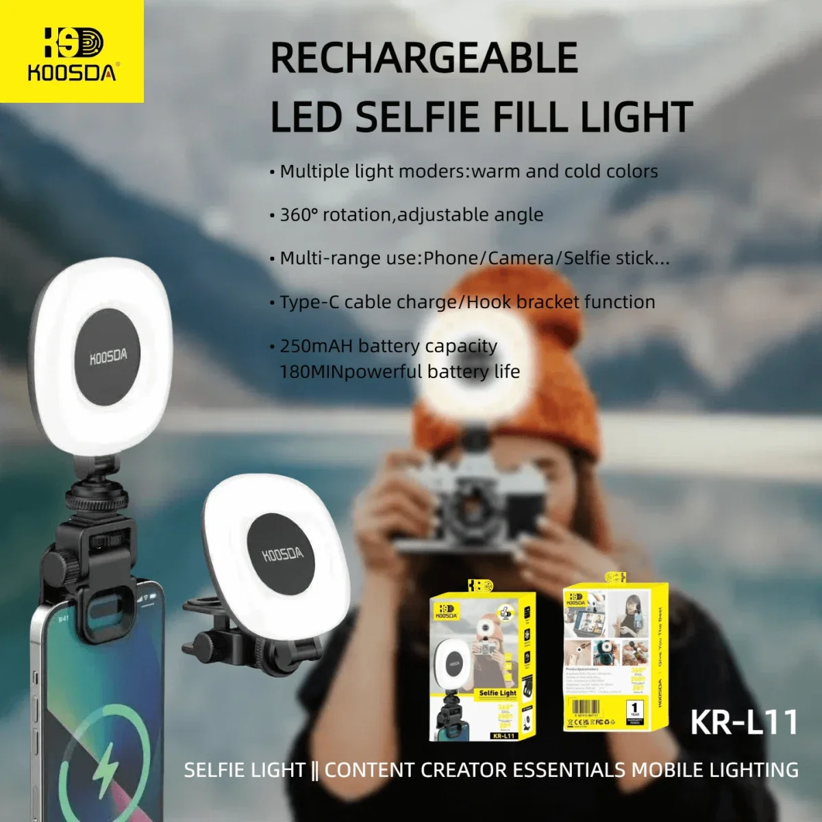 KOOSDA KR-L11 Rechargeable LED Selfie Fill Light, Clip-On, 9 Brightness Levels, 3 Color Modes - Thumbnail 3