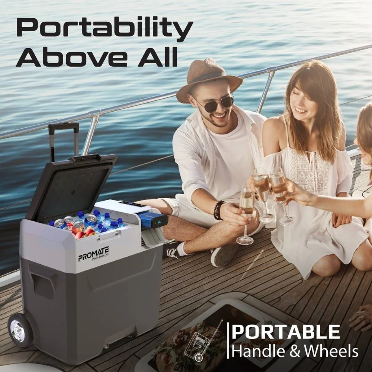 ثلاجة صغيرة محمولة خارجية Promate PowerCooler-40 CoolFast سعة 40 لتر مع حزمة طاقة 52000mAh ومصباح LED، Gray/White - Image 10