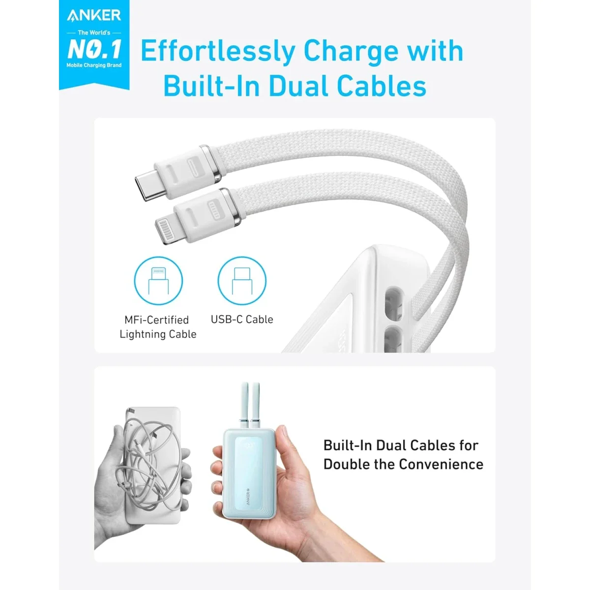 Anker Zolo 10000mAh 30W Power Bank with Built-in USB-C & Lightning Cables - White - Thumbnail 2