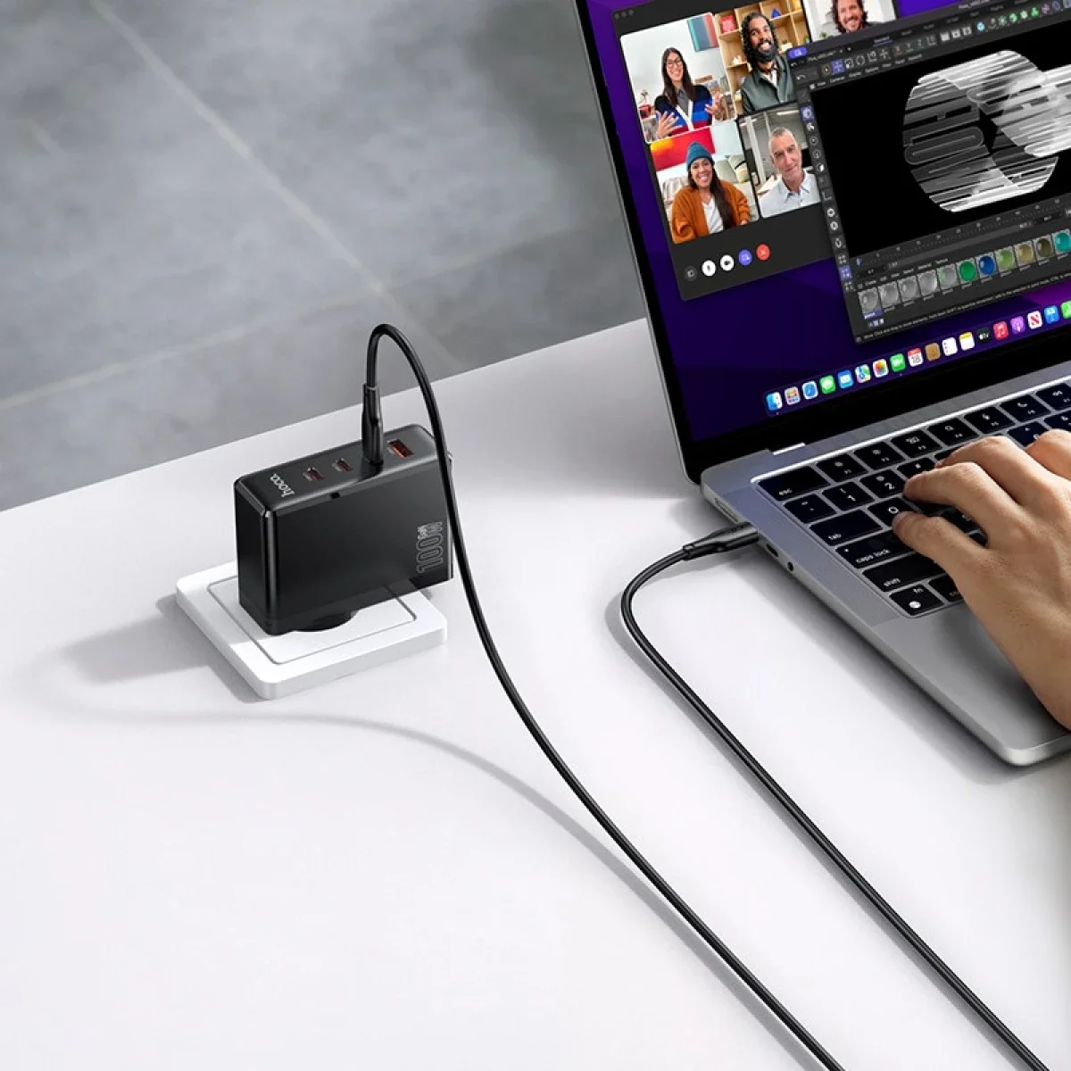 شاحن جداري HOCO N85 Vigoroso GaN سريع 100 واط بأربعة منافذ مع كابل USB-C بطول 2 م - أسود - Image 6
