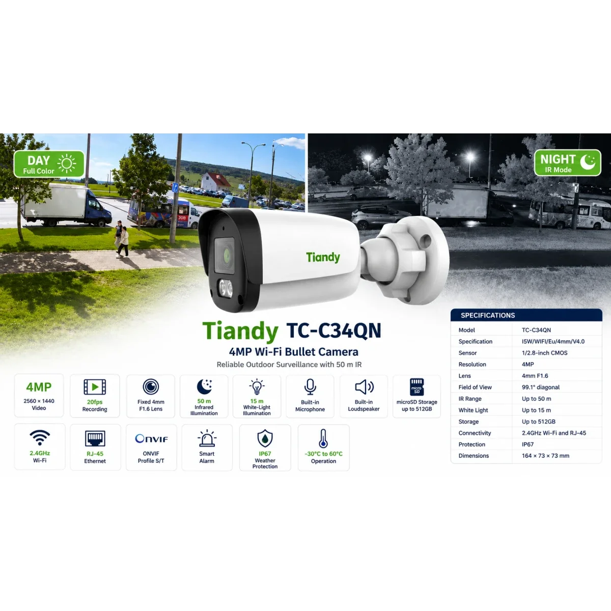 كاميرا مراقبة Tiandy TC-C34QN خارجية ثابتة Wi-Fi بدقة 4MP وعدسة 4 مم