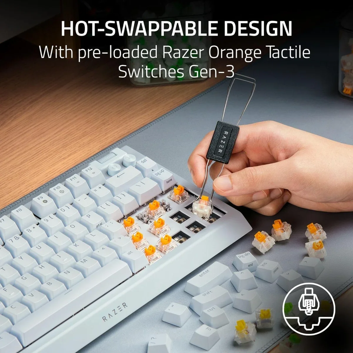 Razer BlackWidow V4 75% Hot-Swappable Mechanical Gaming Keyboard with Orange Tactile Switches - White - Thumbnail 2