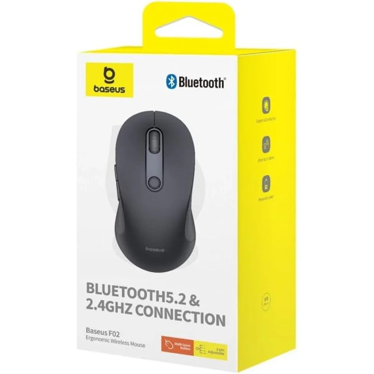 Baseus F02 Ergonomic Dual-Mode Wireless Mouse with Bluetooth 5.2, 2.4GHz and Silent Buttons - Black - Thumbnail 7