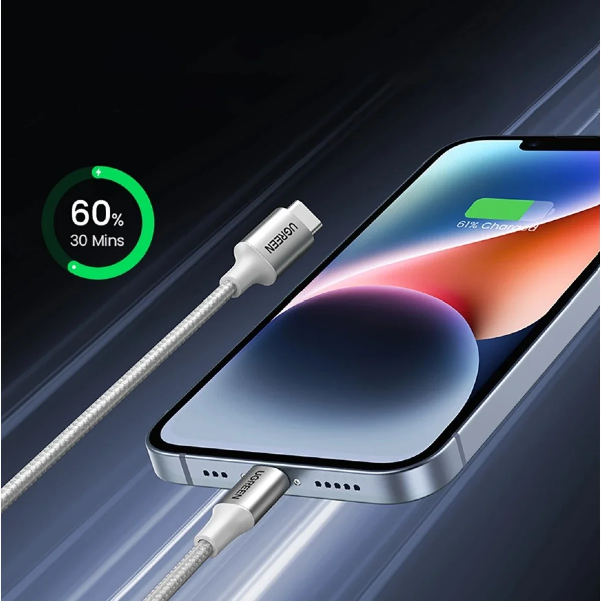 كابل Ugreen US304 70523 من USB-C إلى Lightning معتمد MFi بطول 1 متر فضي - Image 4