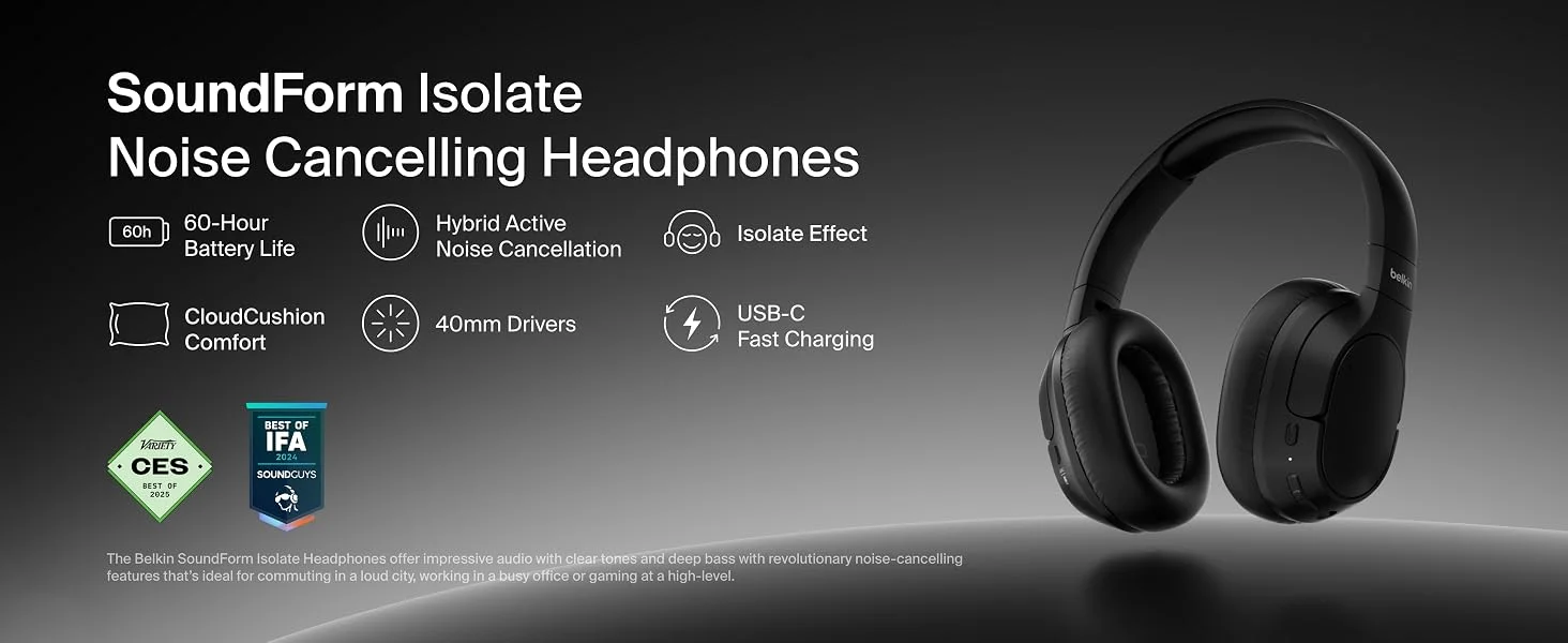 Belkin SoundForm Isolate Wireless Over-Ear ANC Headphones with Mic, Bluetooth 5.4, 60H Playtime, Black - Thumbnail 8