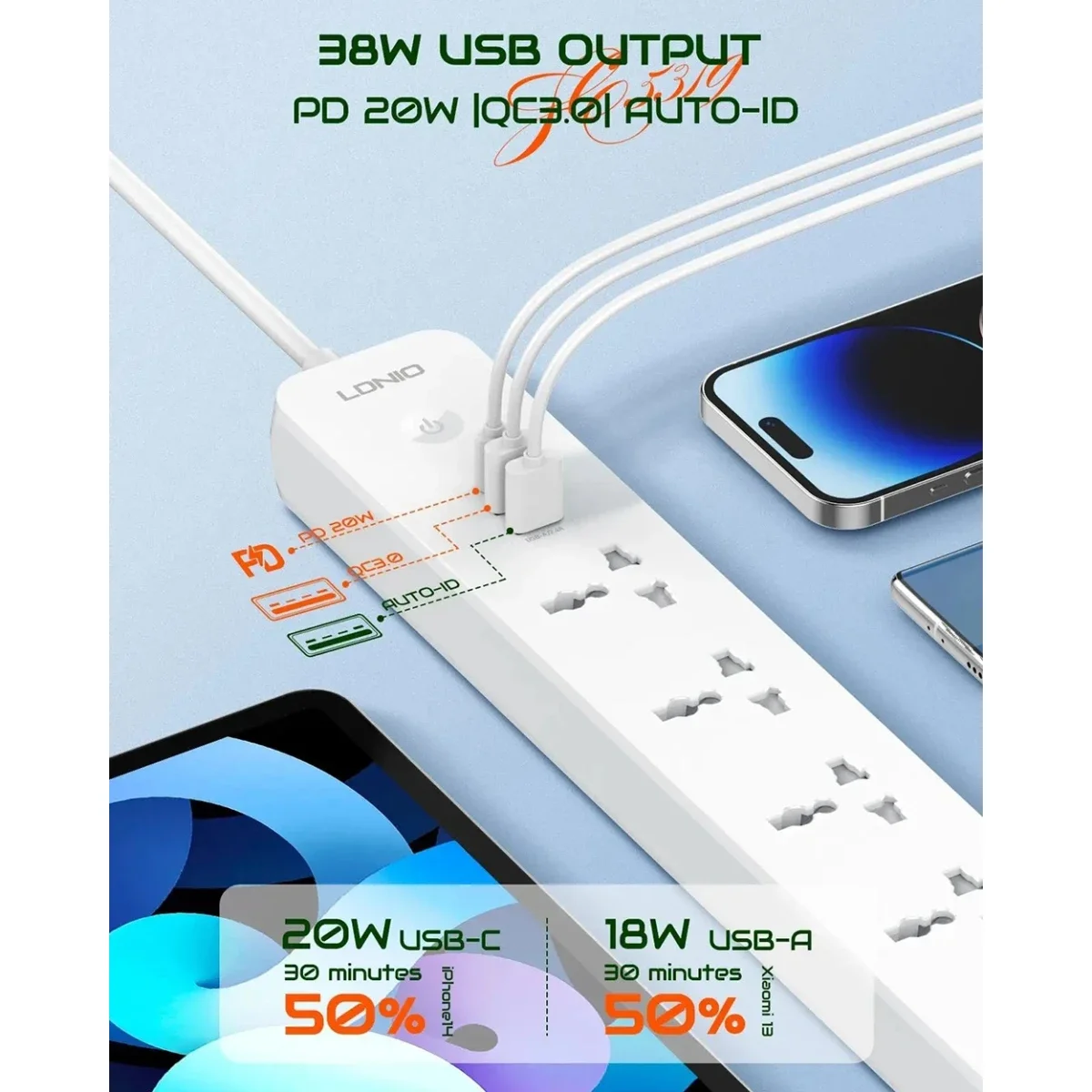 مشترك كهرباء LDNIO SC5319 مع 5 منافذ AC و3 منافذ USB وكابل 2 متر - Thumbnail 2