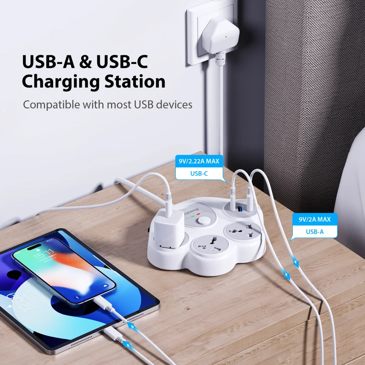 مشترك حماية من زيادة التيار Huntkey SZN307C Charge Station F20 مع 3 مقابس AC و2 USB-A ومنفذ USB-C وكابل 1.5 متر - أبيض - Thumbnail 3
