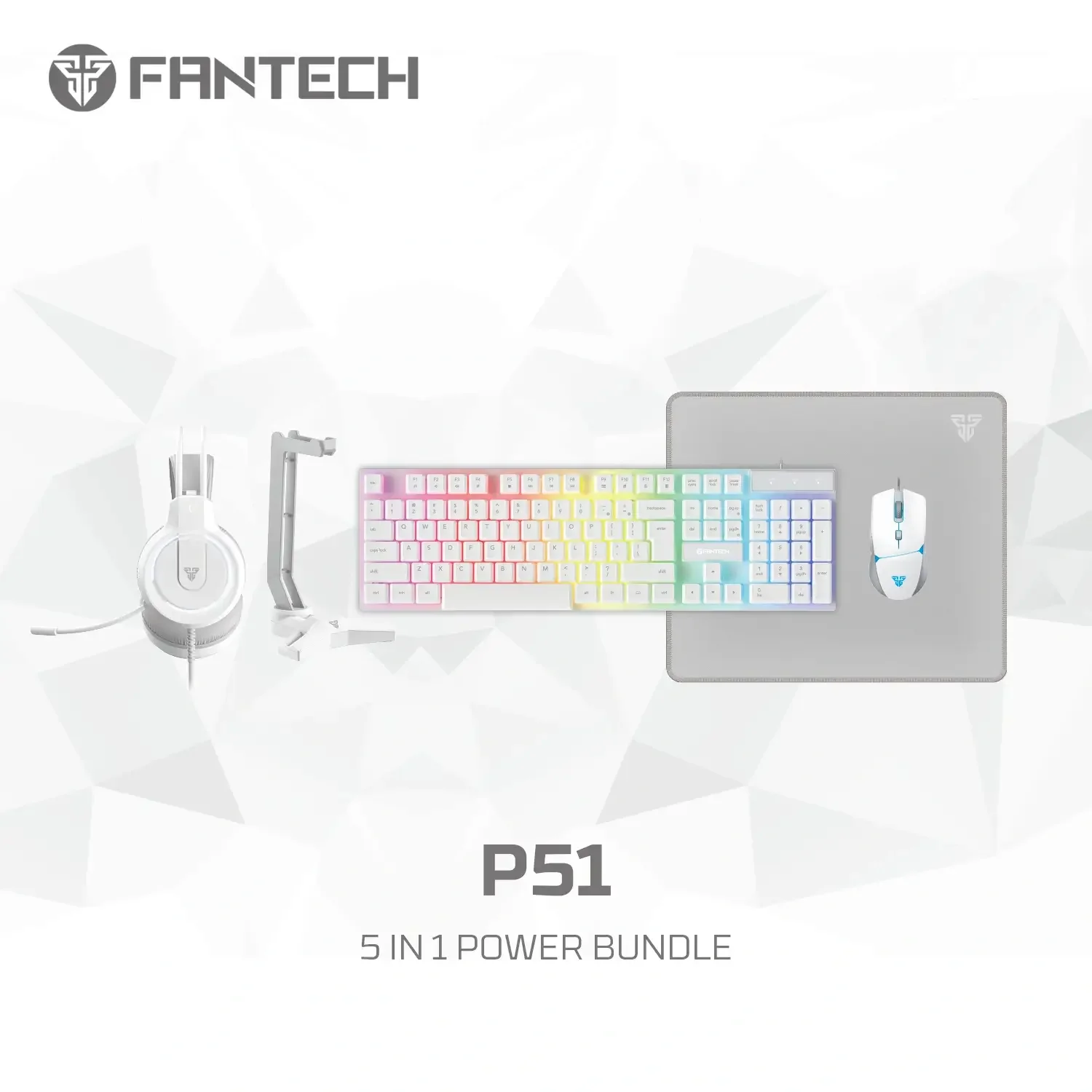 طقم ألعاب Fantech P51 5 في 1 باللون الأبيض كيبورد وماوس وماوس باد وسماعة وحامل سماعة - Thumbnail 3
