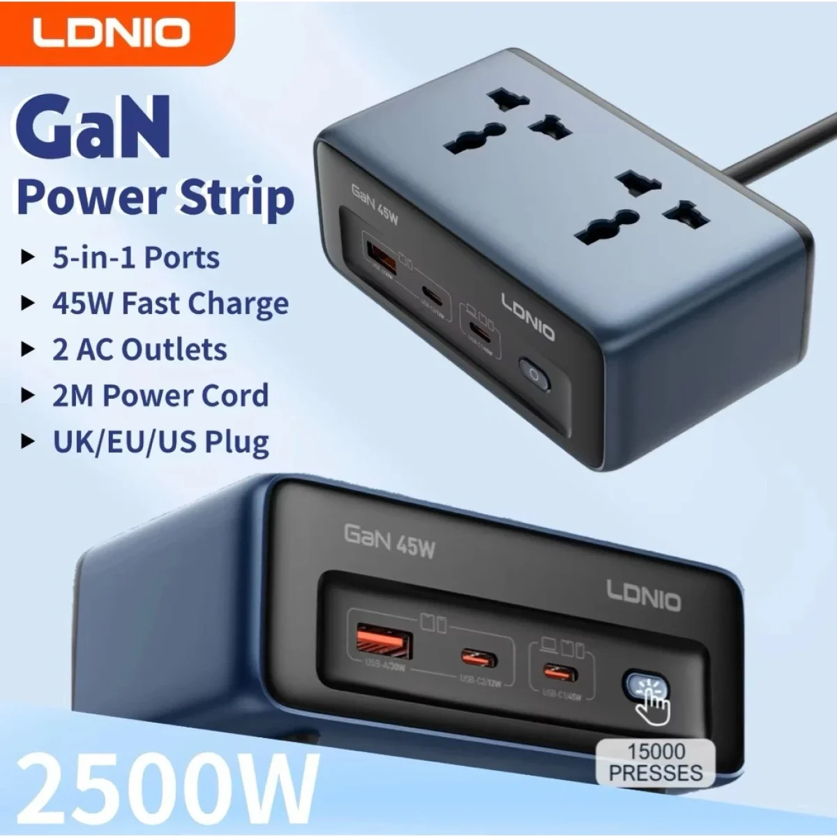 مشترك كهرباء عالمي LDNIO SC1 بقدرة 45W PD ومخرج 2500W - Thumbnail 6