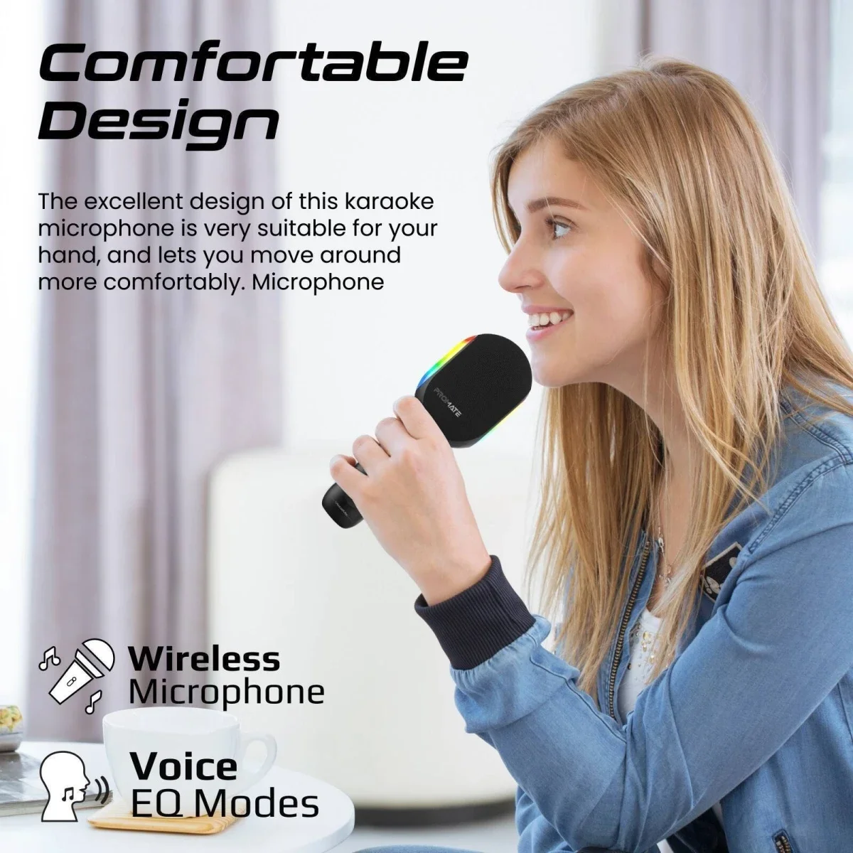Promate VocalMic 5-in-1 Bluetooth Karaoke Microphone & Speaker with RGB Lights - Black - Thumbnail 9