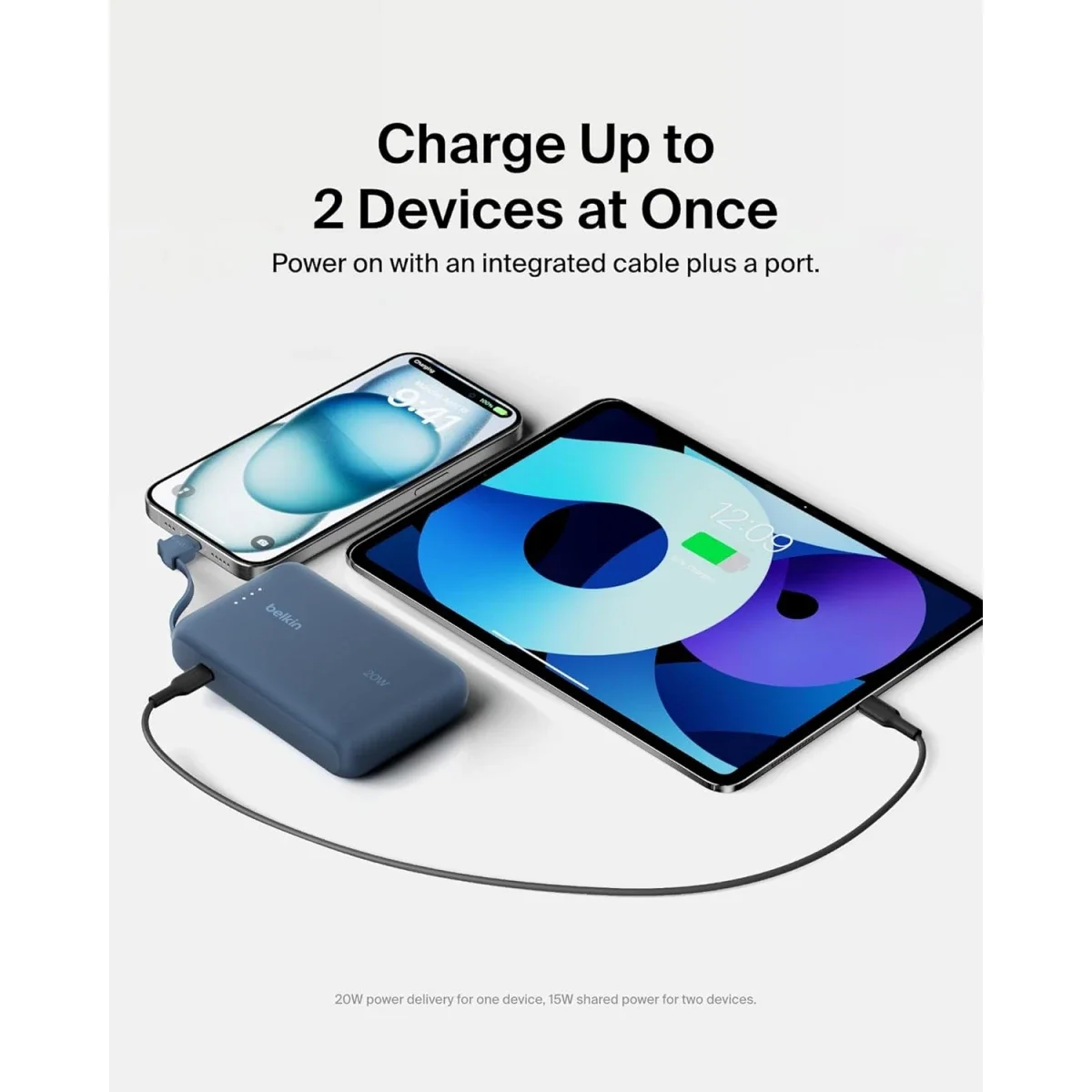 باور بانك Belkin BoostCharge بسعة 10000mAh مع كابل USB-C مدمج وشحن PD بقوة 20W - أزرق - Thumbnail 4
