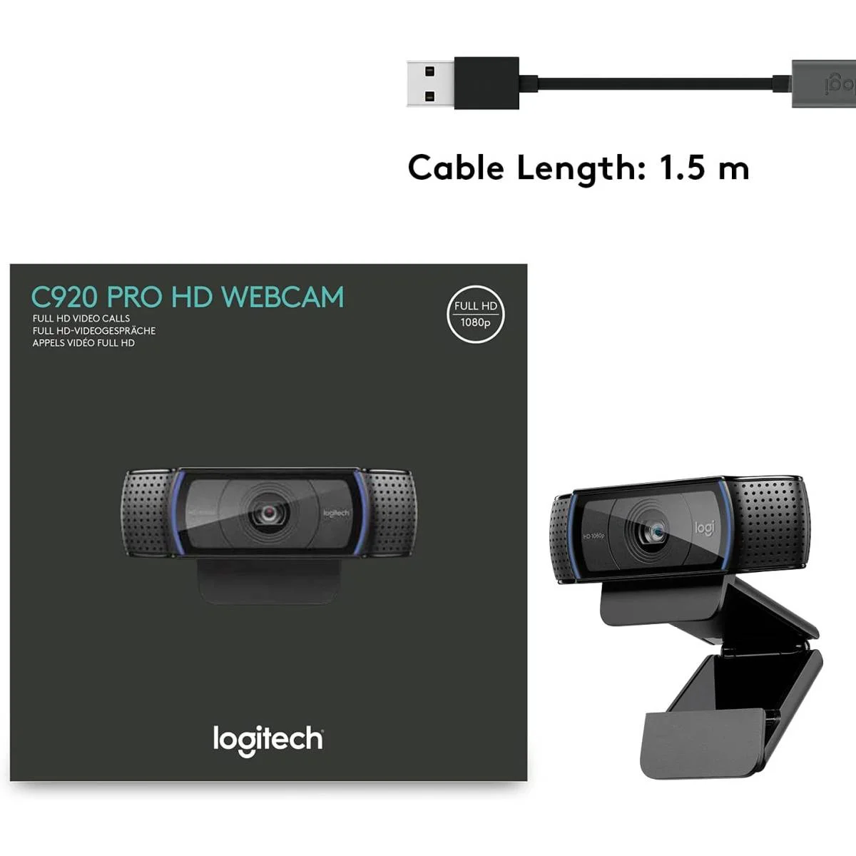 ويب كام Logitech C920 PRO للأعمال بدقة Full HD 1080p وعدسة زجاجية