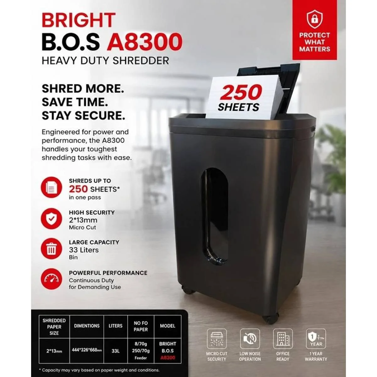 فرامة ورق BRIGHT B.O.S A8300 عالية السعة بتغذية تلقائية وفرم دقيق