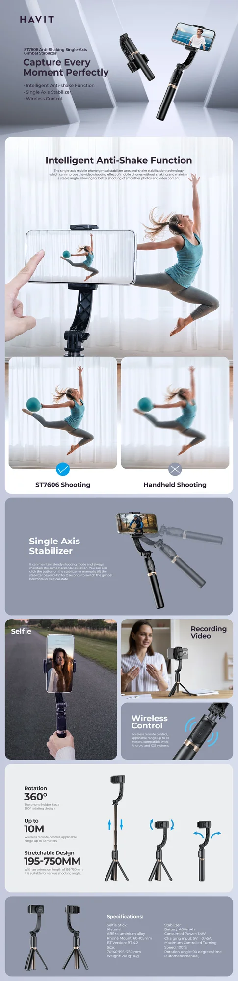 HAVIT ST7606 Bluetooth Selfie Stick with Tripod and Gimbal Stabilizer - Thumbnail 7