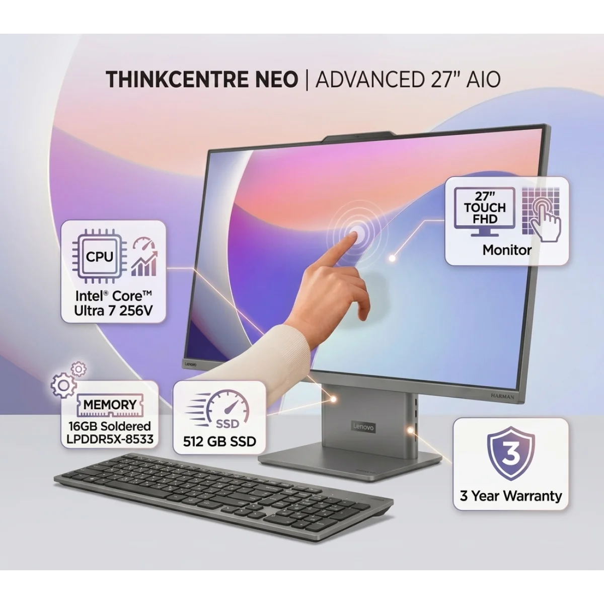 كمبيوتر الكل في واحد Lenovo ThinkCentre neo 50a 27 Gen 6 بشاشة لمس 27 إنش FHD، Core Ultra 7 256V، رام 16GB وSSD 512GB - Image 2