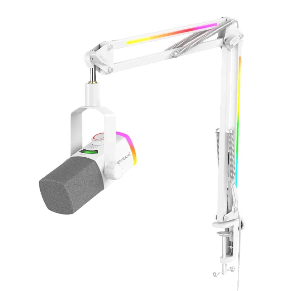 طقم ميكروفون FIFINE AmpliGame AM8PROT ديناميكي USB/XLR مع ذراع RGB - أبيض