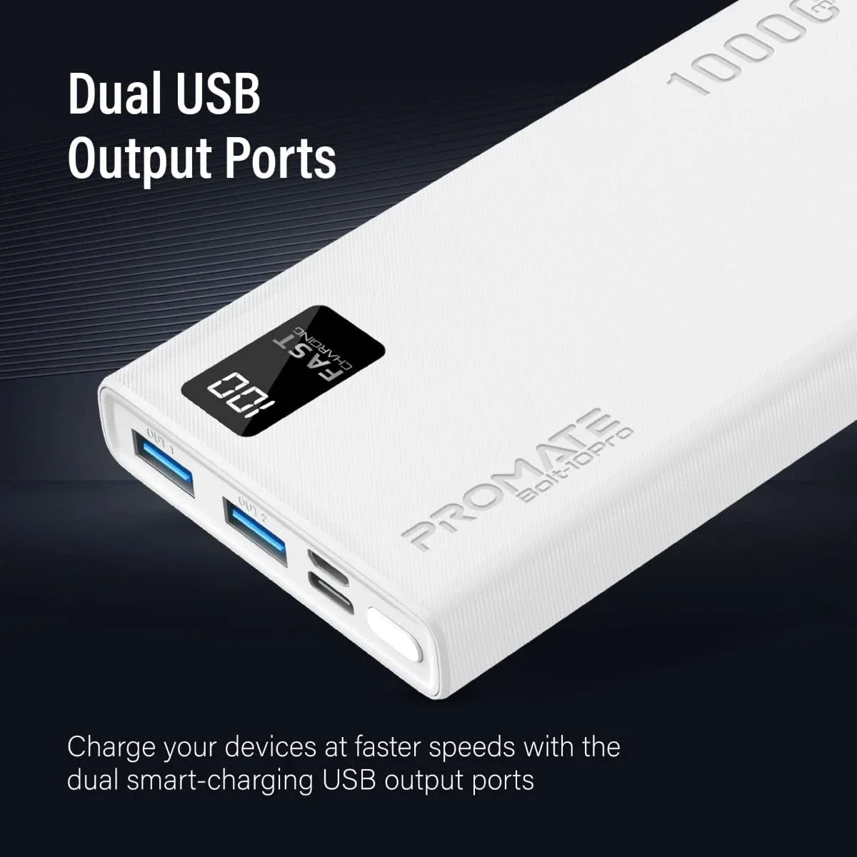 Promate Bolt-10Pro 10000mAh Ultra-Slim 10W Power Bank with USB-C and Dual USB - White - Thumbnail 4