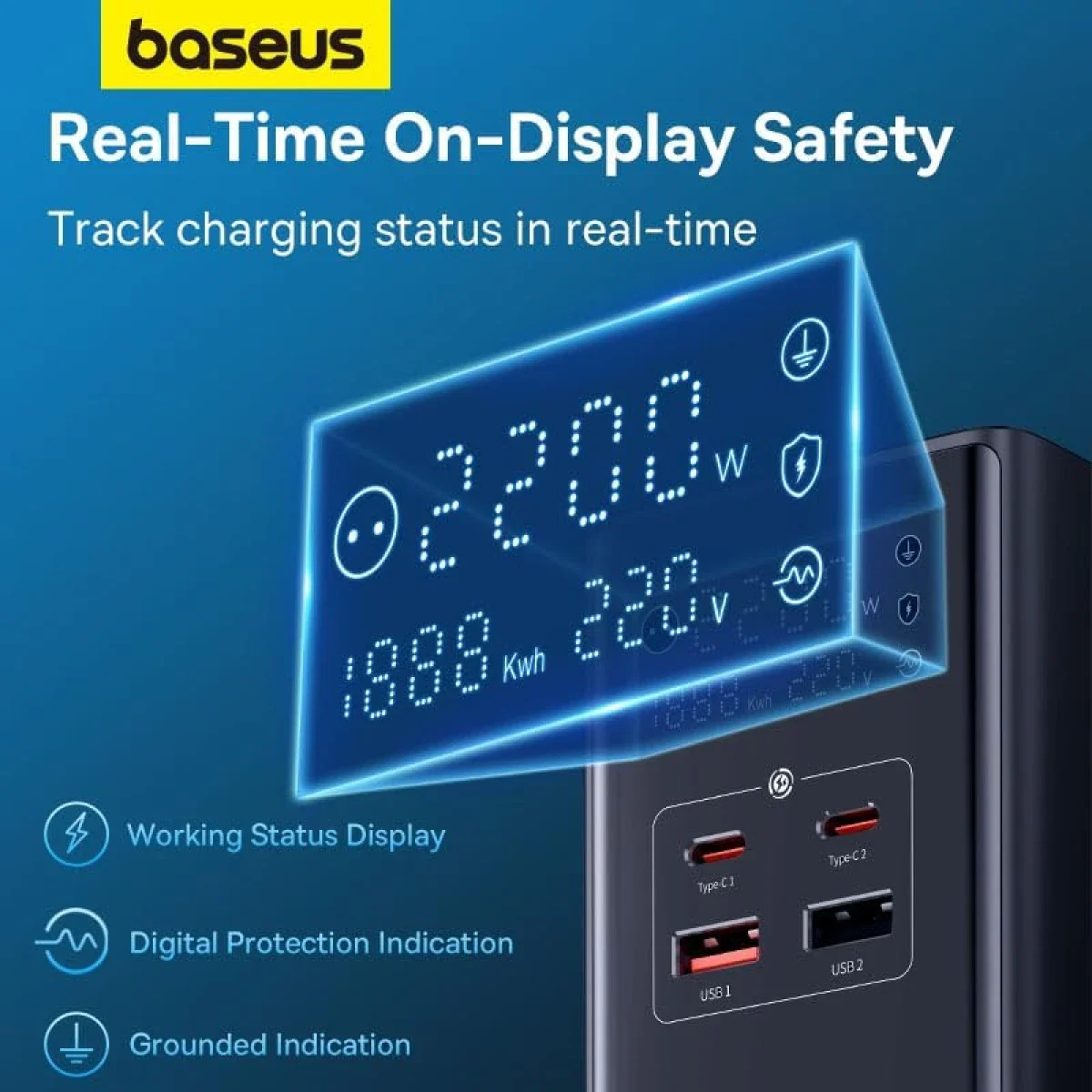 مشترك كهربائي رقمي Baseus PowerCombo Tower بقدرة 35 واط، 3 منافذ AC و2 USB-A و2 USB-C، سلك EU بطول 1.5 متر - أسود - Thumbnail 8