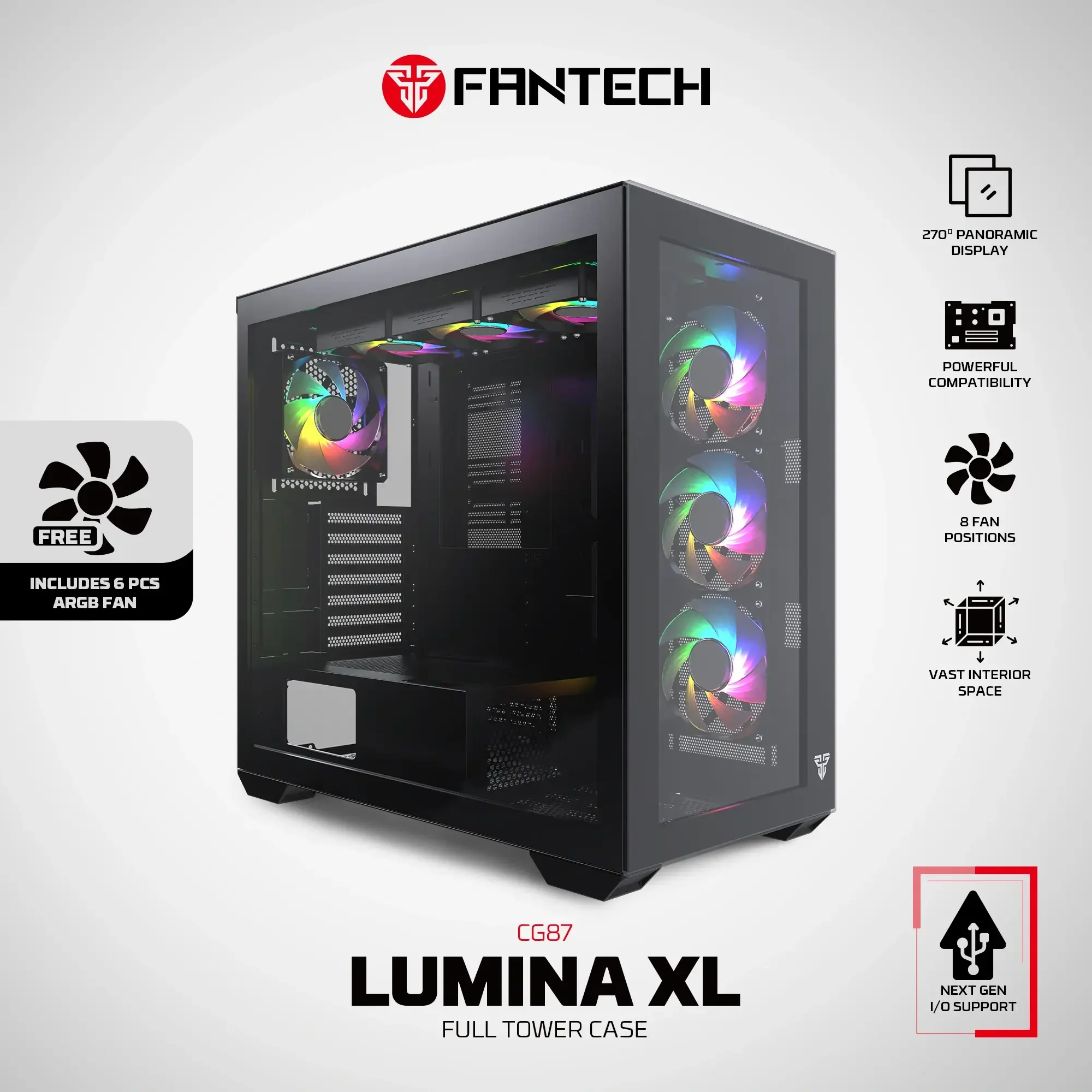 صندوق كمبيوتر Fantech CG87 LUMINA XL Full Tower باللون الأسود - Image 3