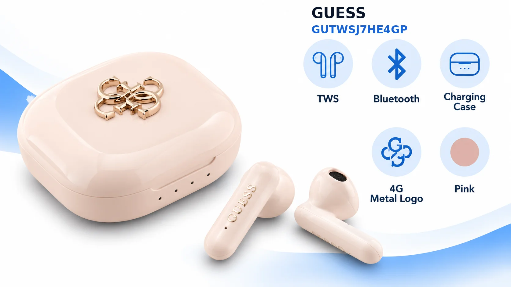 GUESS GUTWSJ7HE4GP 4G Metal Logo TWS Bluetooth Earphones with Charging Case - Pink - Image 8