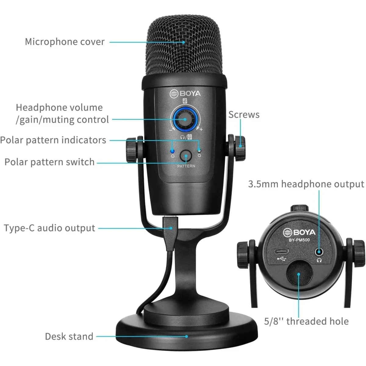 ميكروفون مكثف USB Boya BY-PM500 مع حامل طاولة، أسود - Image 2