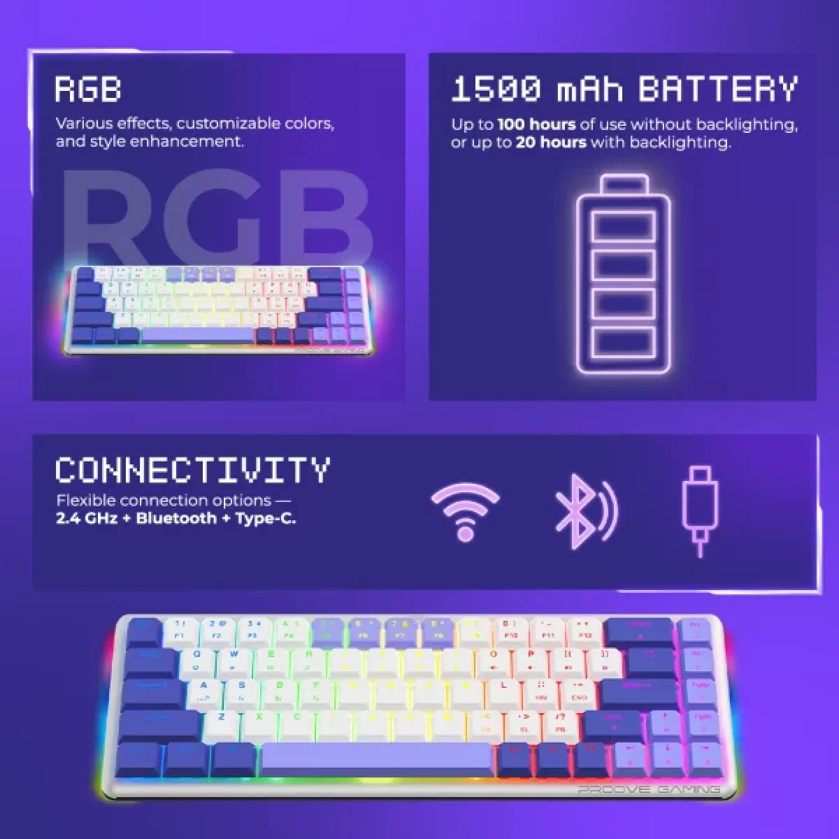 كيبورد ألعاب Proove Gaming AFK ميكانيكي لاسلكي ثلاثي الاتصال 65% بمفاتيح Outemu Red، أبيض - Thumbnail 6