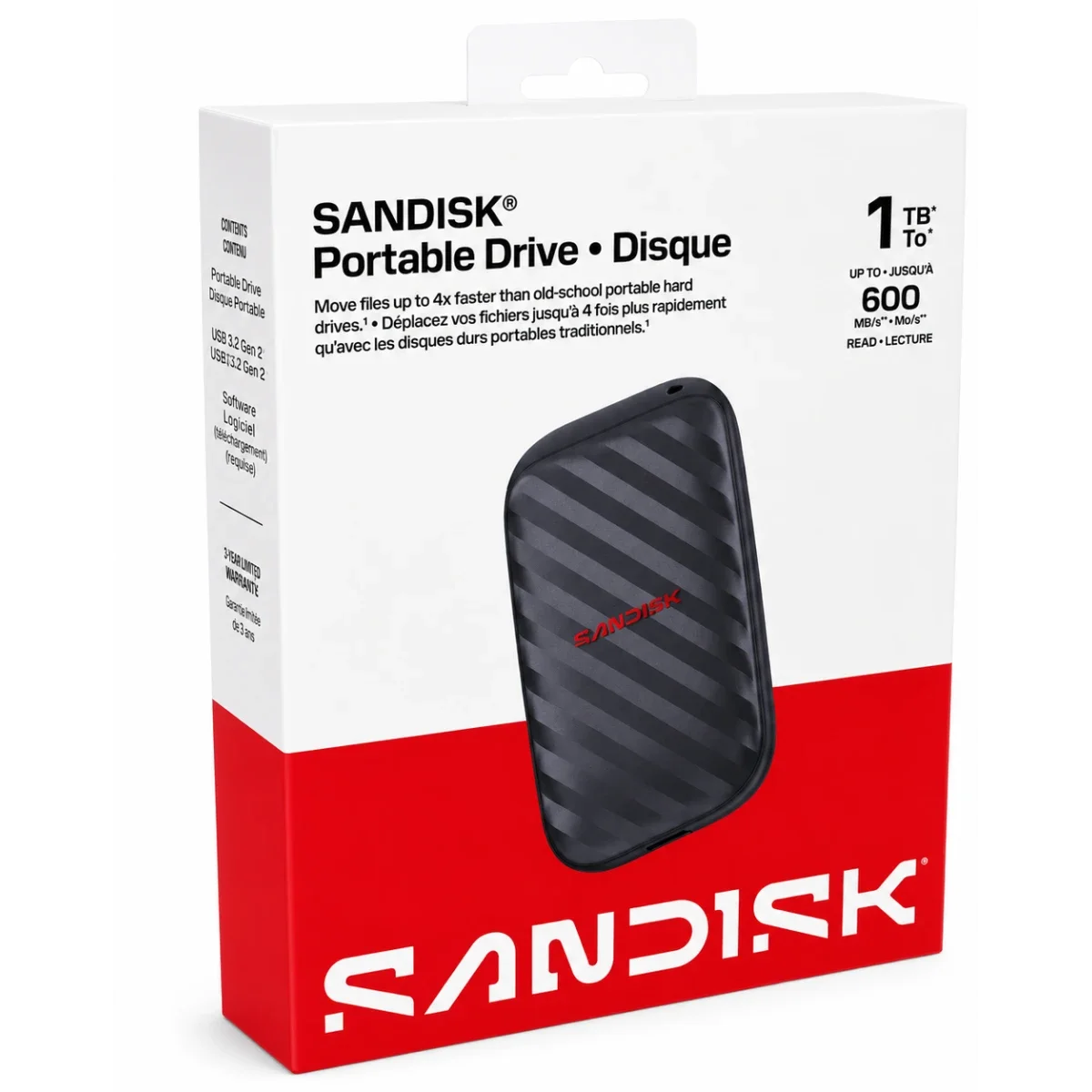 قرص SSD خارجي SanDisk Portable Drive بسعة 1TB USB-C بسرعة تصل إلى 600MB/s، أسود