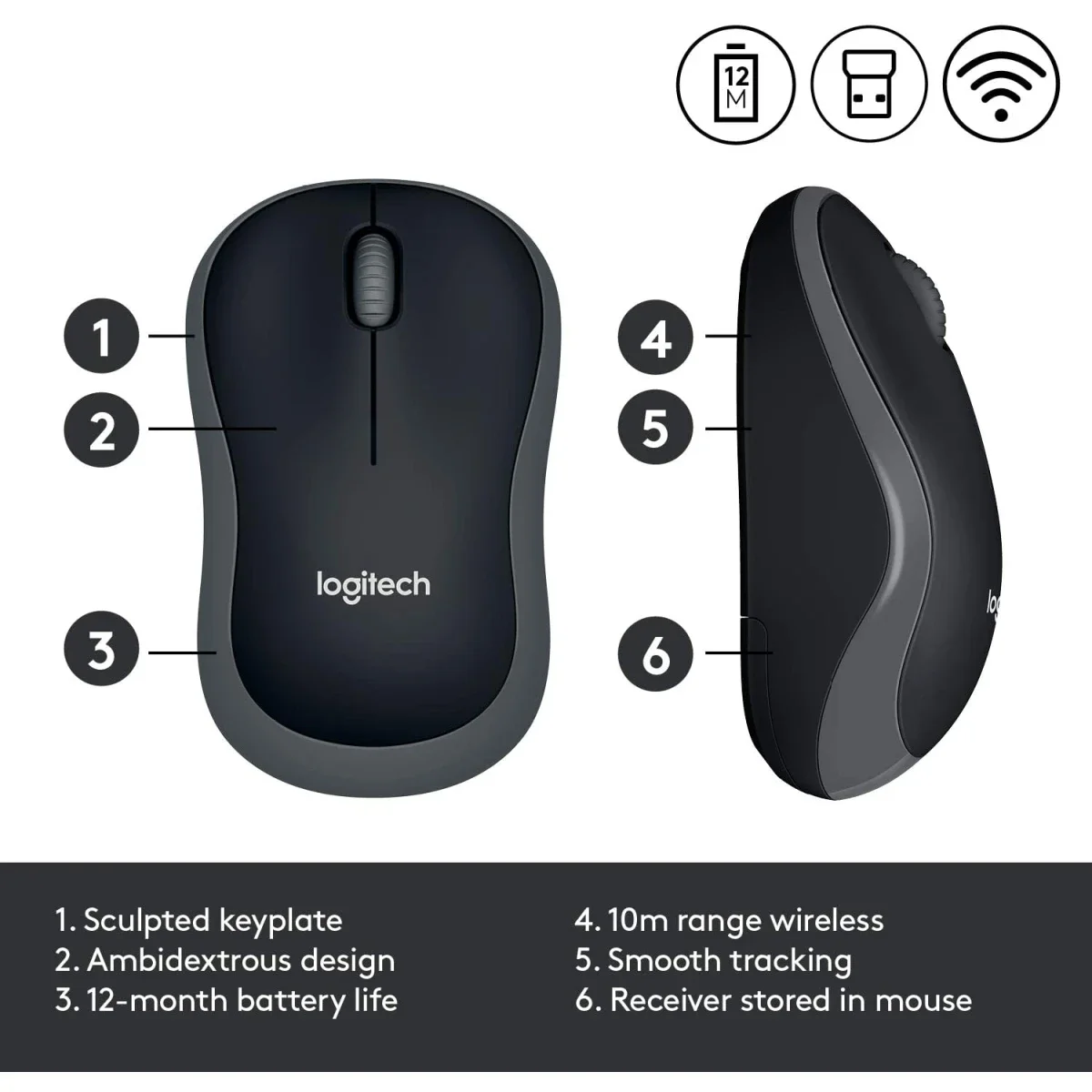 ماوس لاسلكي Logitech M185 بتردد 2.4GHz ومستقبل USB ودقة 1000 DPI رمادي Swift - Thumbnail 3