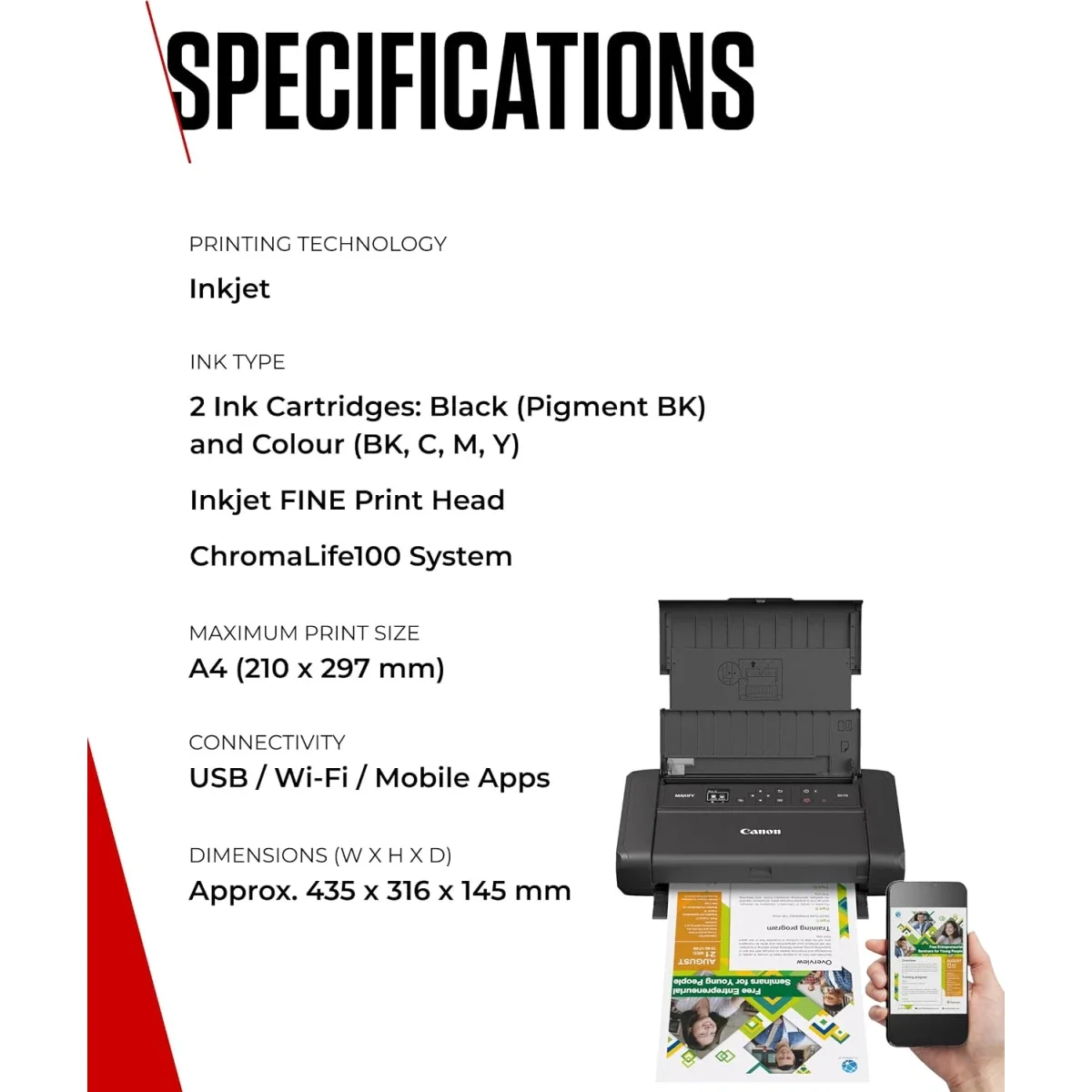 Canon MAXIFY BX110 Portable A4 Colour Inkjet Printer, 330-Page Battery, Borderless Photos, Wireless AirPrint & Mopria - Thumbnail 7