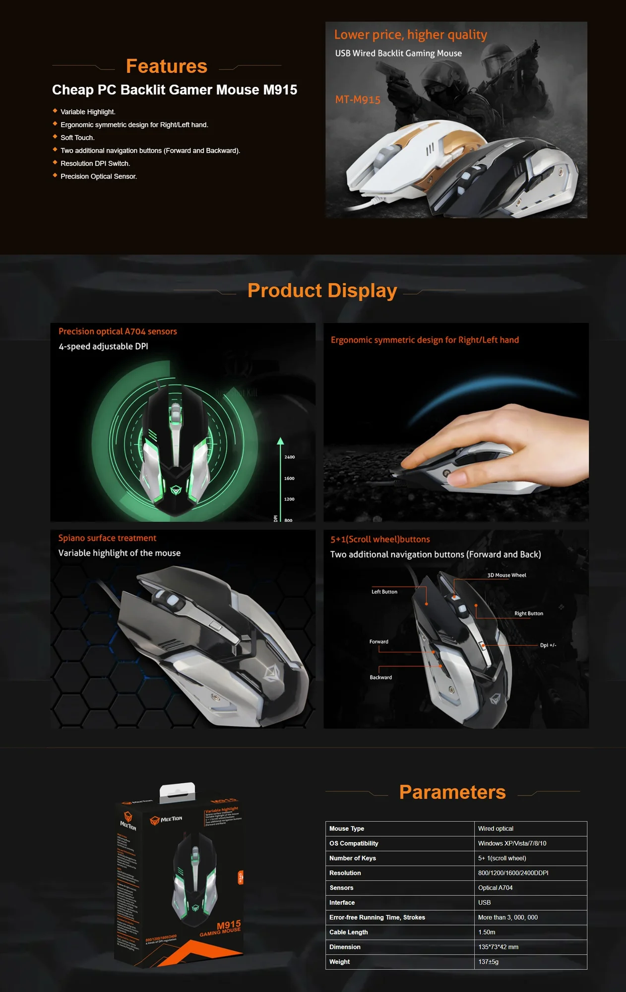 ماوس ألعاب Meetion MT-M915 سلكي بدقة 2400 DPI - Thumbnail 5