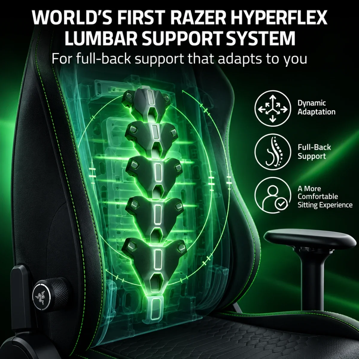 كرسي ألعاب Razer Iskur V2 NewGen (2025) بدعم قطني HyperFlex وجلد Gen-2 EPU مع CoolTouch وفوم معالج على البارد ومساند ذراع 4D، أسود/أخضر - Image 4