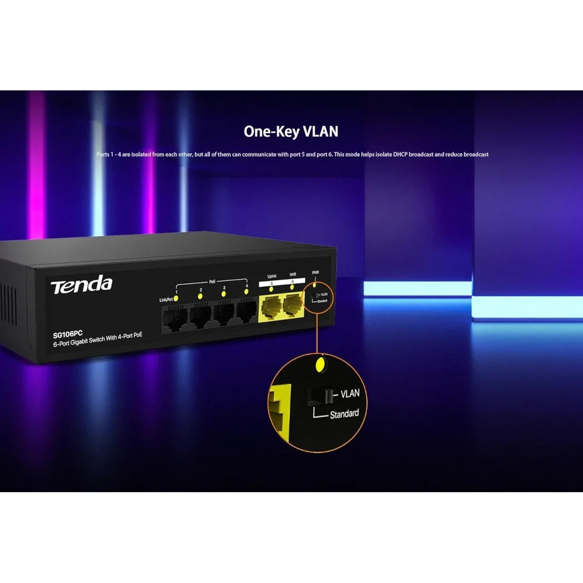 سويتش PoE جيجابت Tenda SG106PC 4 منافذ مع منفذي Uplink جيجابت، 45W، غير مدار - Image 5