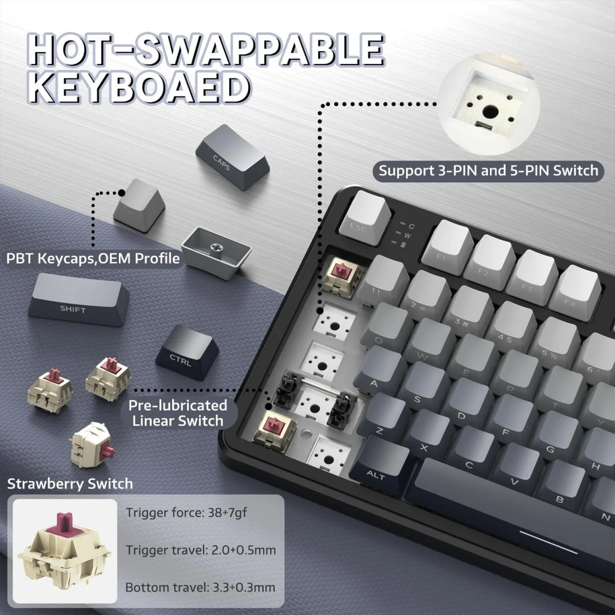 ATTACK SHARK X87 Tri-Mode Wireless Mechanical Gaming Keyboard, TKL 87-Key, Moon Light - Thumbnail 2