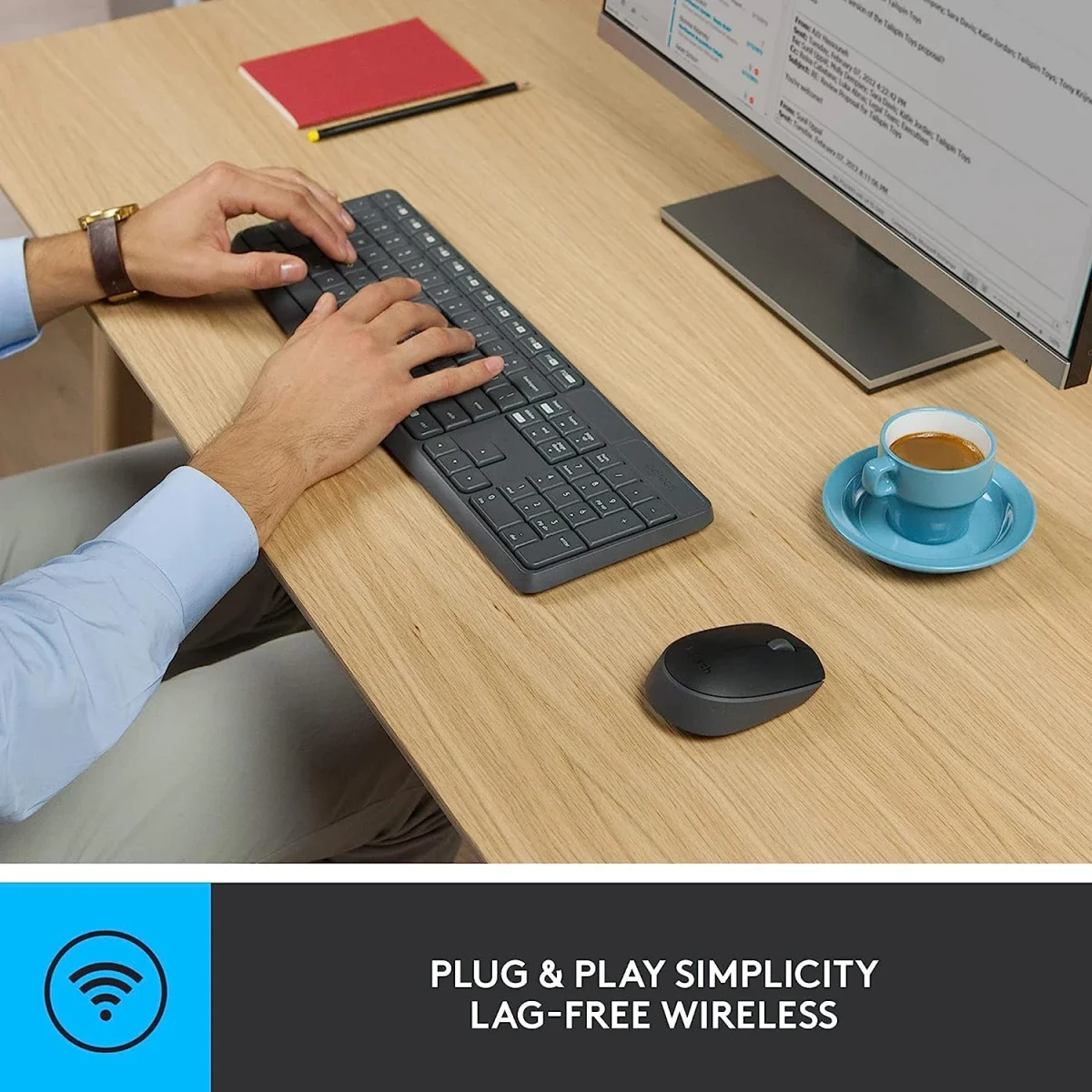 مجموعة لوحة مفاتيح وفأرة لاسلكية Logitech MK235 بتخطيط عربي/إنجليزي، أسود - Image 2