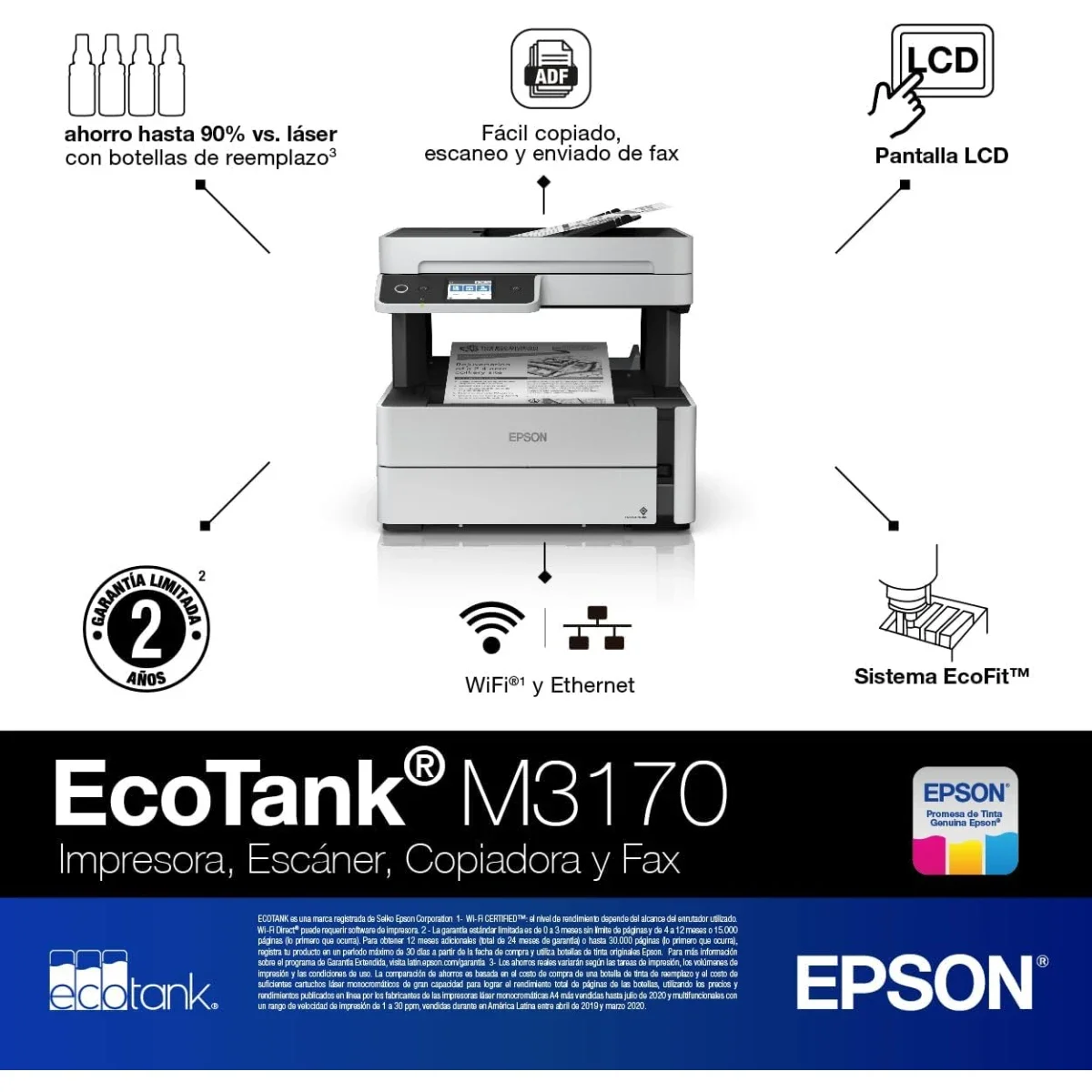 طابعة EPSON EcoTank ET-M3170 نافثة للحبر متعددة الوظائف لاسلكية أبيض وأسود - Image 2