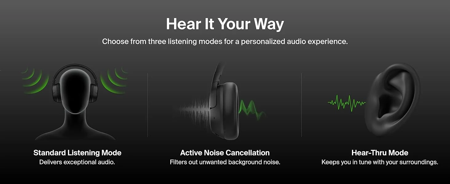 Belkin SoundForm Isolate Wireless Over-Ear ANC Headphones with Mic, Bluetooth 5.4, 60H Playtime, Black - Thumbnail 10