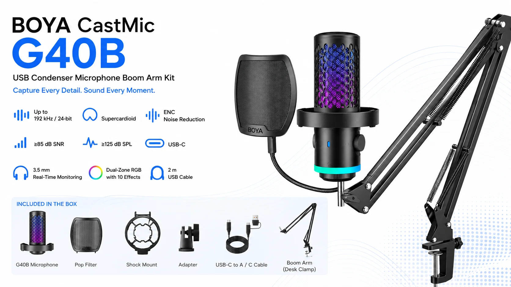 Boya CastMic G40B USB Condenser Microphone Boom Arm Kit with RGB and ENC - Thumbnail 4